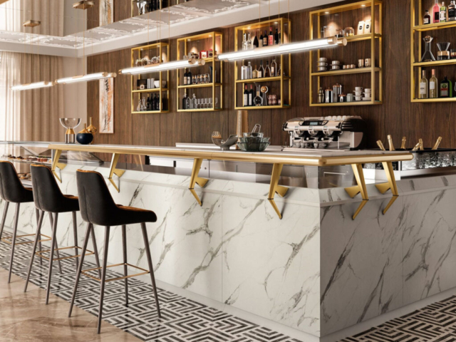 L akrilik bar tezgahı modelleri L tipi geniş restoran bar tezgahı ve masası tasarımı